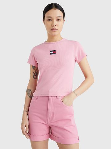 Női Tommy Hilfiger Cropped Ribbed Badge Póló Rózsaszín | HU 438JPQ